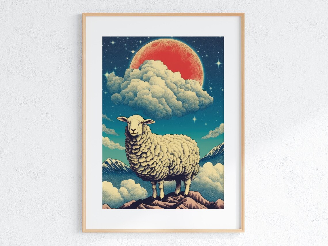 Sheep Under Giant Red Moon in Starry Mountain Night Sky Poster