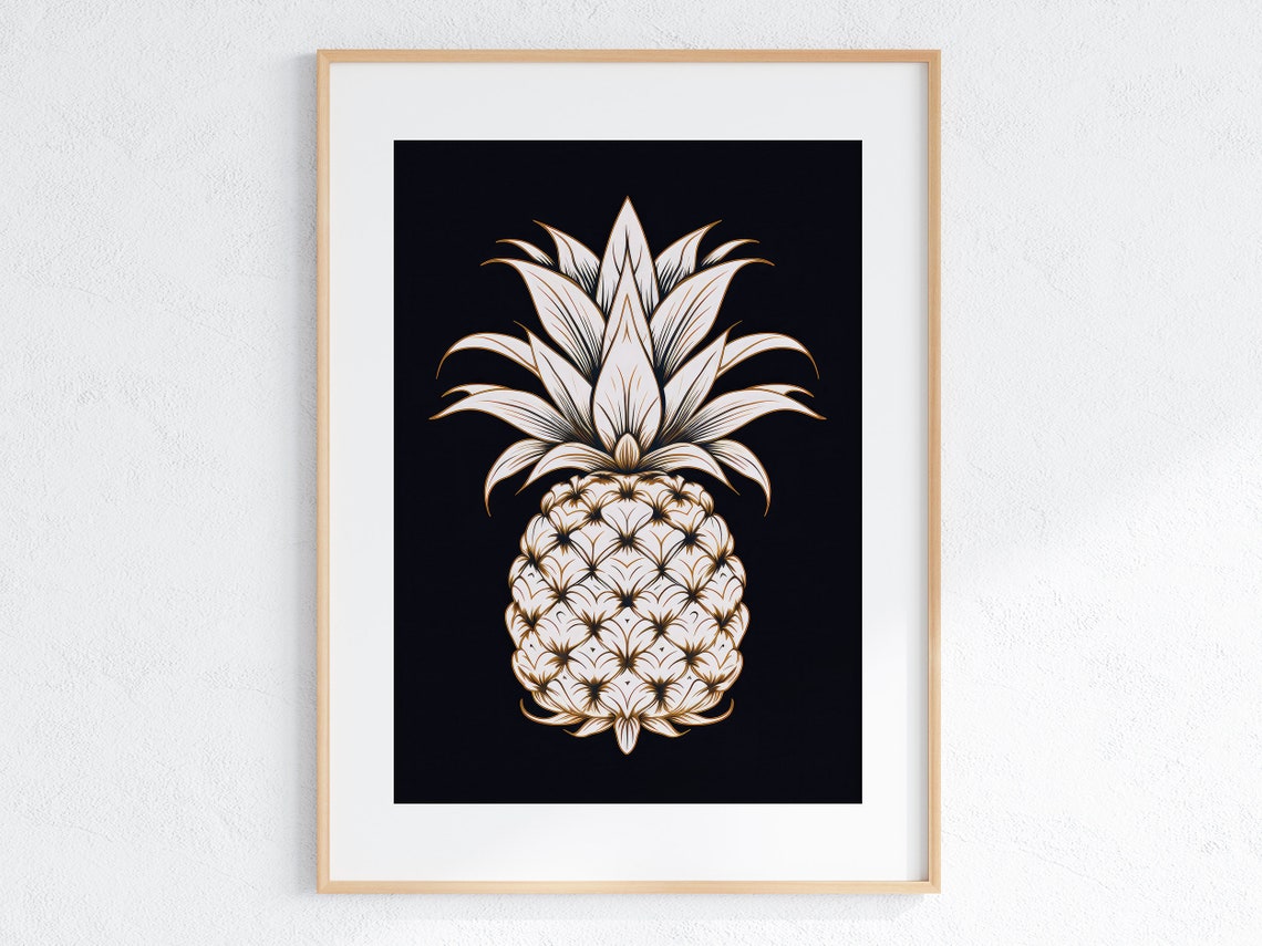 White Pineapple Fine Line Art Bold Tropical Graphic on Black Poster