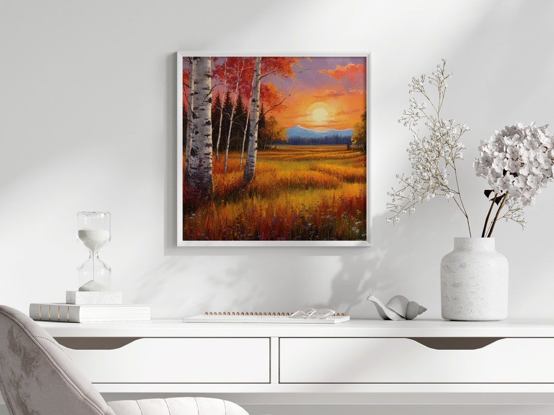 Fiery Autumn Birch Trees at Sunset Over Golden Meadow Poster - Image 4