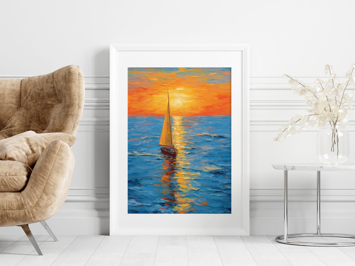 Sailing Boat Uplifting Artwork Of A Summer Seascape Featuring A Sailing Boat Basking In The Sunset Glow - Image 3