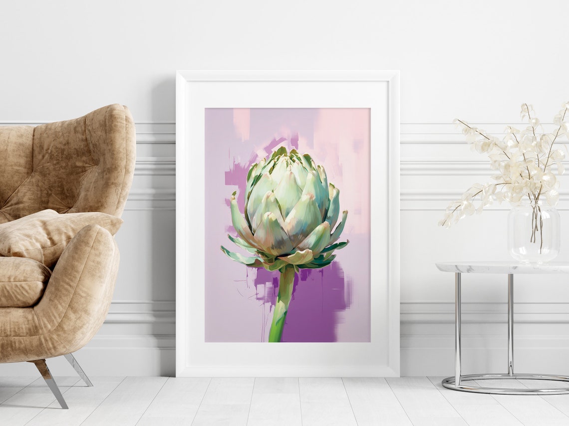 Fresh Green Artichoke Painterly Still Life on Lavender Kitchen Poster - Image 2
