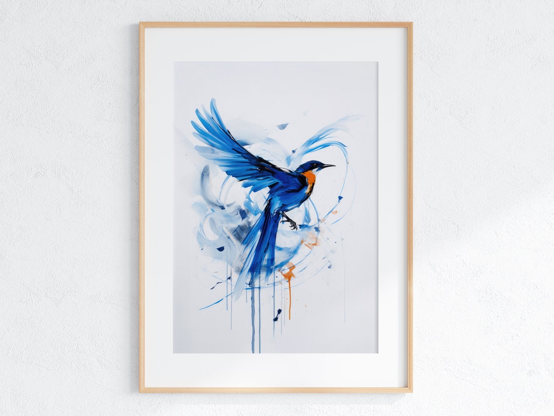 Blue Bird in Flight Abstract Watercolor with Paint Drips Poster