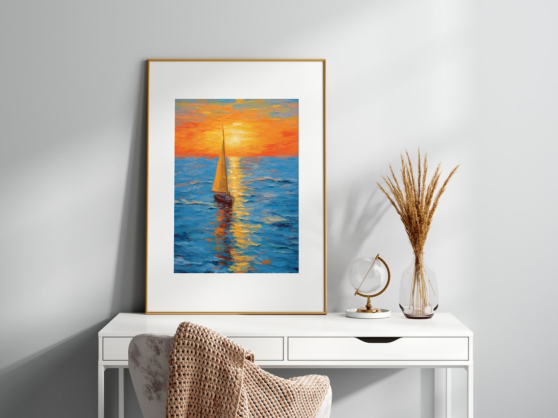 Lone Sailboat Gliding at Golden Sunset Textured Impasto Poster - Image 2