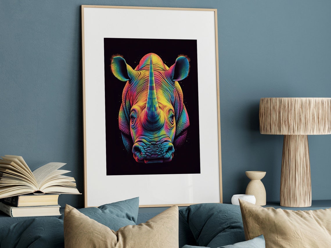 Neon Rainbow Rhino Head Portrait on Black Background Art Poster - Image 2