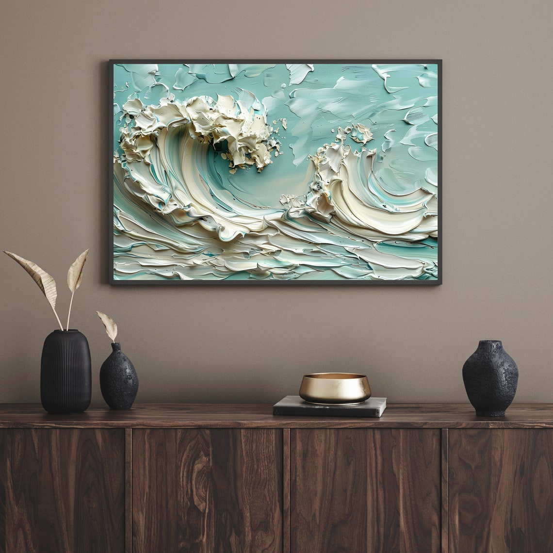 Turquoise Ocean Wave Sculptural Impasto Textured Modern Art Poster - Image 2