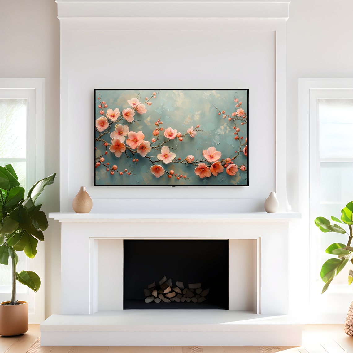 Peach Blossom Branch Soft Teal Textured Spring Painting Art Print - Image 4