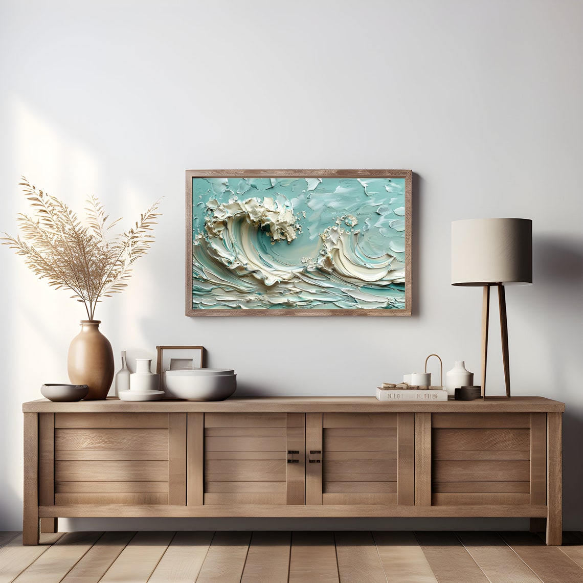 Turquoise Ocean Wave Sculptural Impasto Textured Modern Art Poster - Image 4