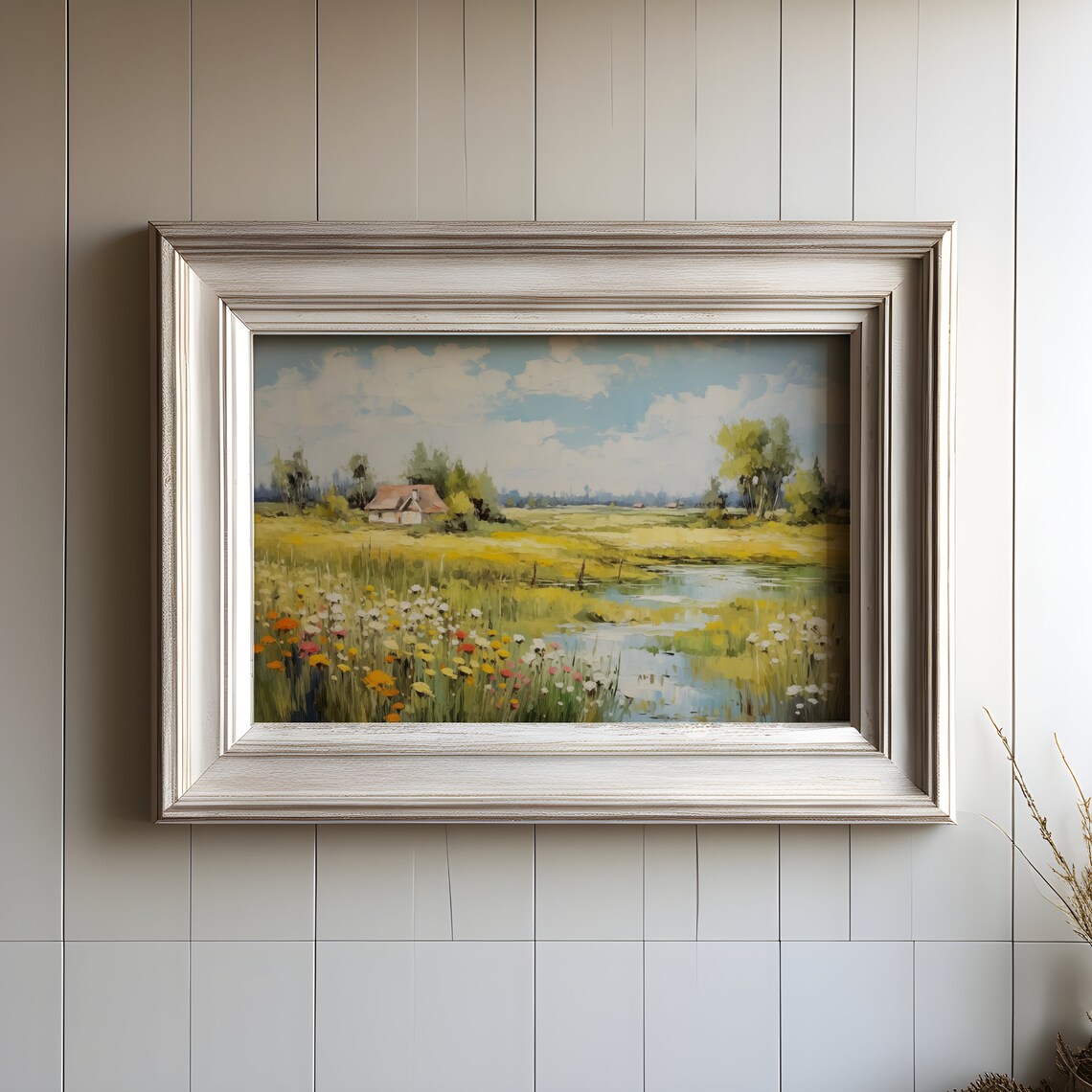 Sunny Countryside Cottage Stream Wildflower Field Vintage Oil Print - Image 2