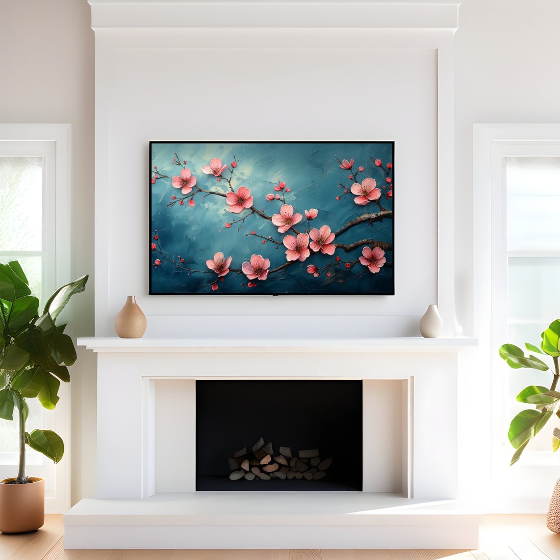 Pink Sakura Blossom Dark Teal Textured Japanese Spring Art Print - Image 4