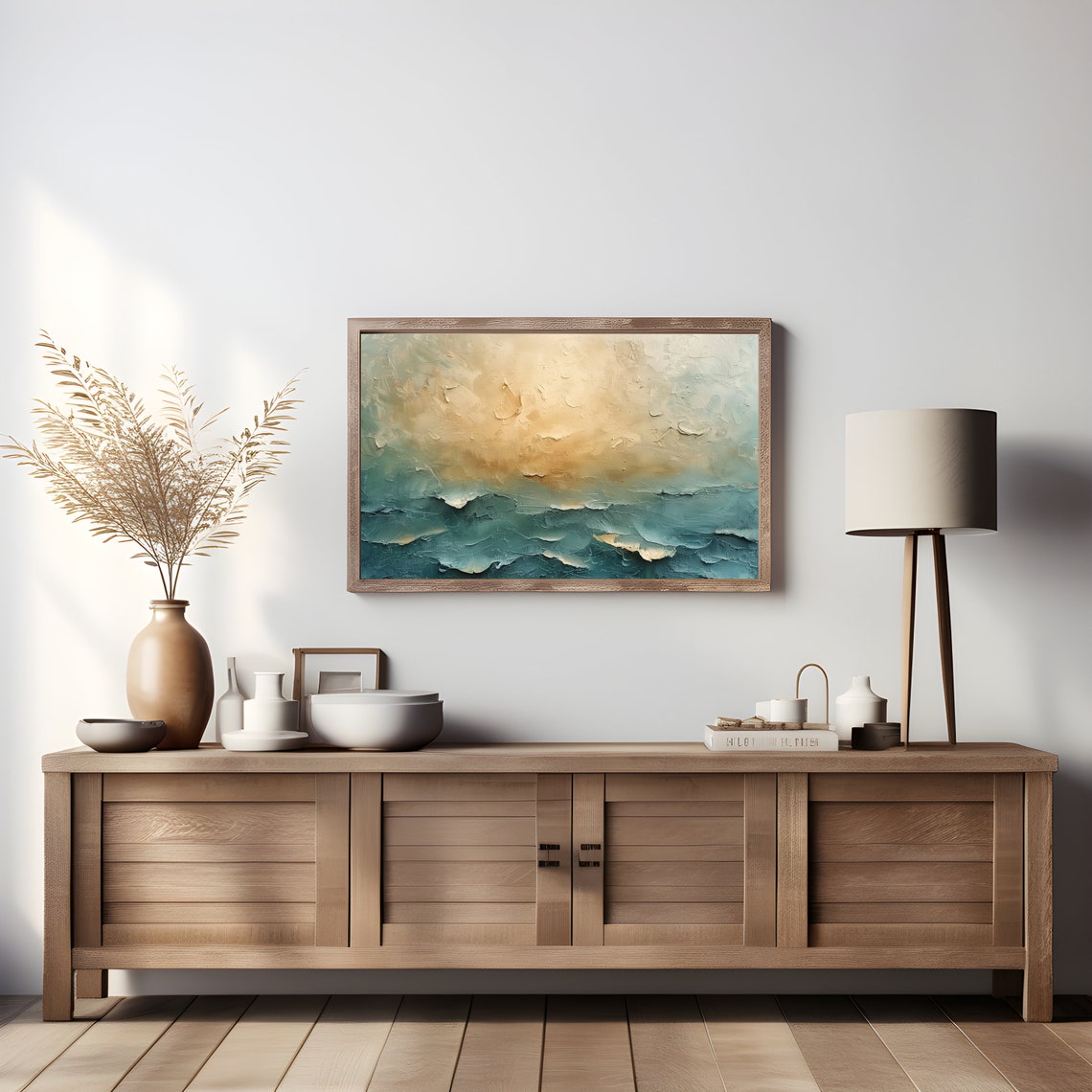 Abstract Textured Sunrise Seascape Gold Teal Modern Ocean Art Print - Image 3