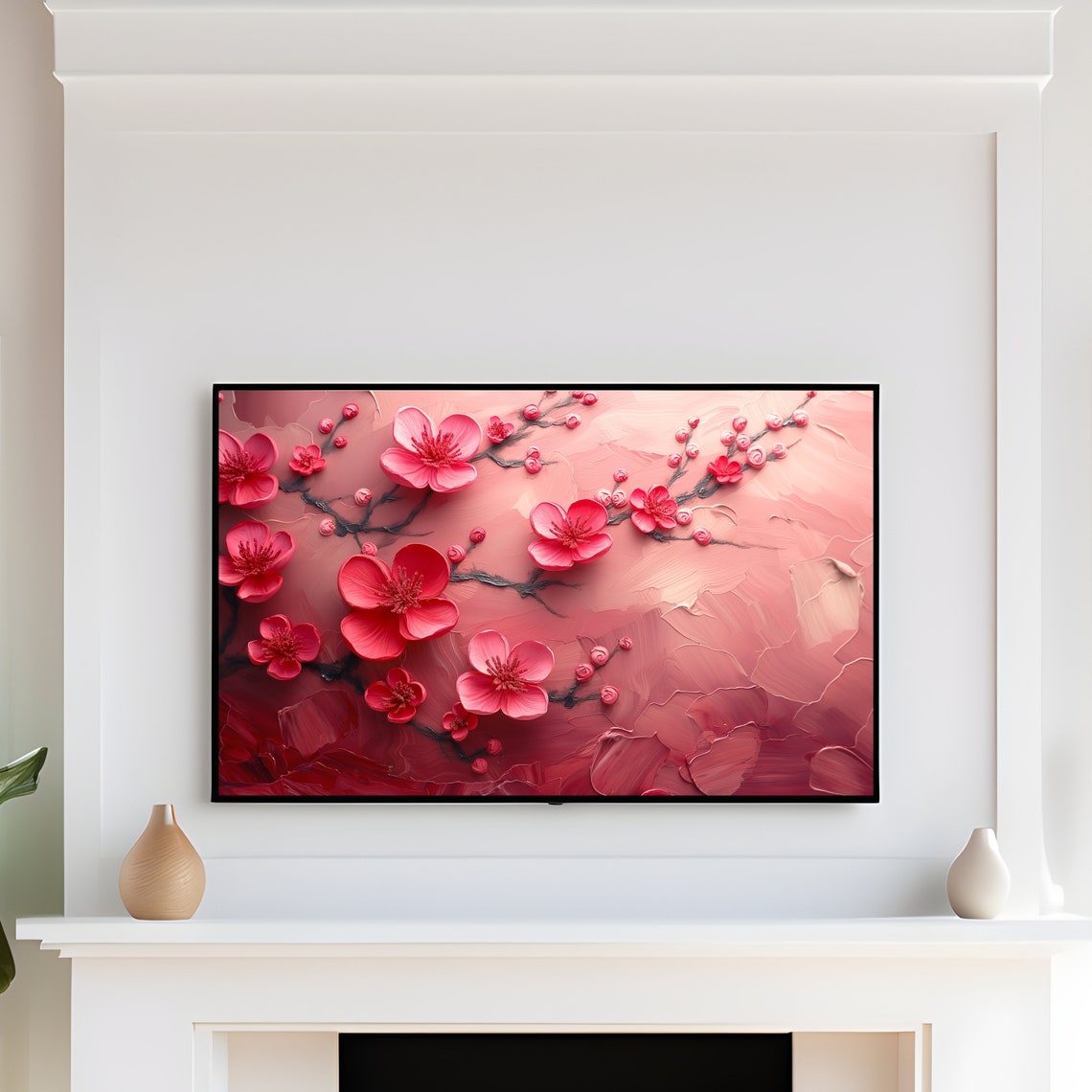 Red Pink Blossom Textured Impasto Floral Branch Painting Art Print - Image 3
