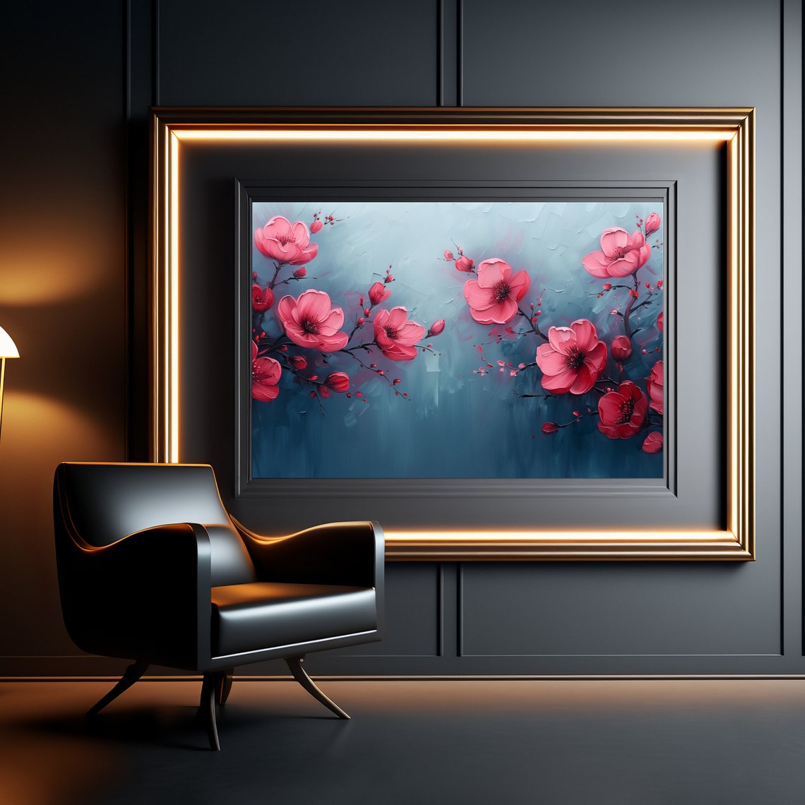 Magenta Cherry Blossoms Blue Grey Textured Floral Painting Poster - Image 3