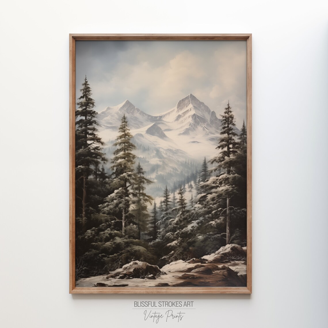 Snowy Mountain Peaks Pine Trees Vintage Oil Painting Landscape Print - Image 4