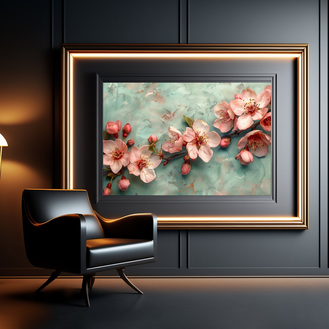 Cherry Blossom On Mint Green Textured Floral Painting Poster - Image 3