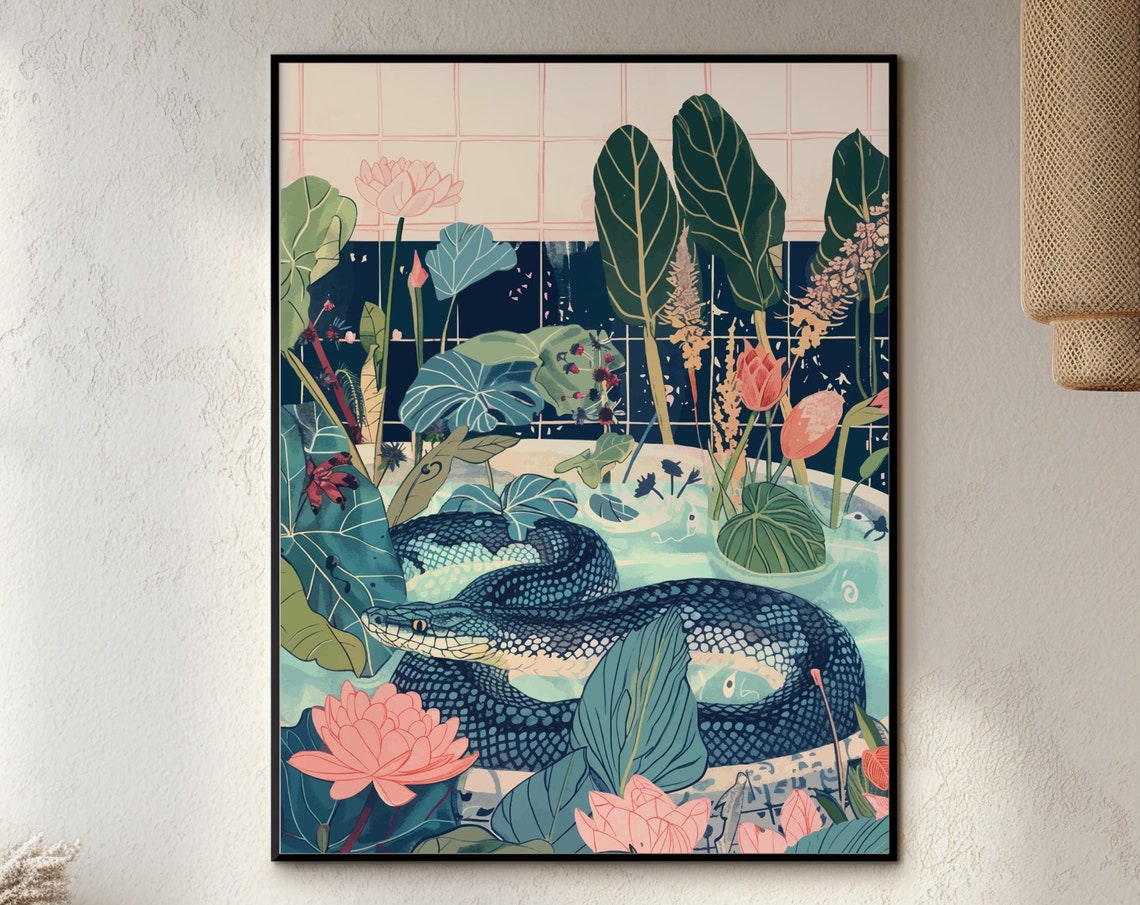 Coiled Snake in Bathtub Lotus Flower Balinese Jungle Art Poster