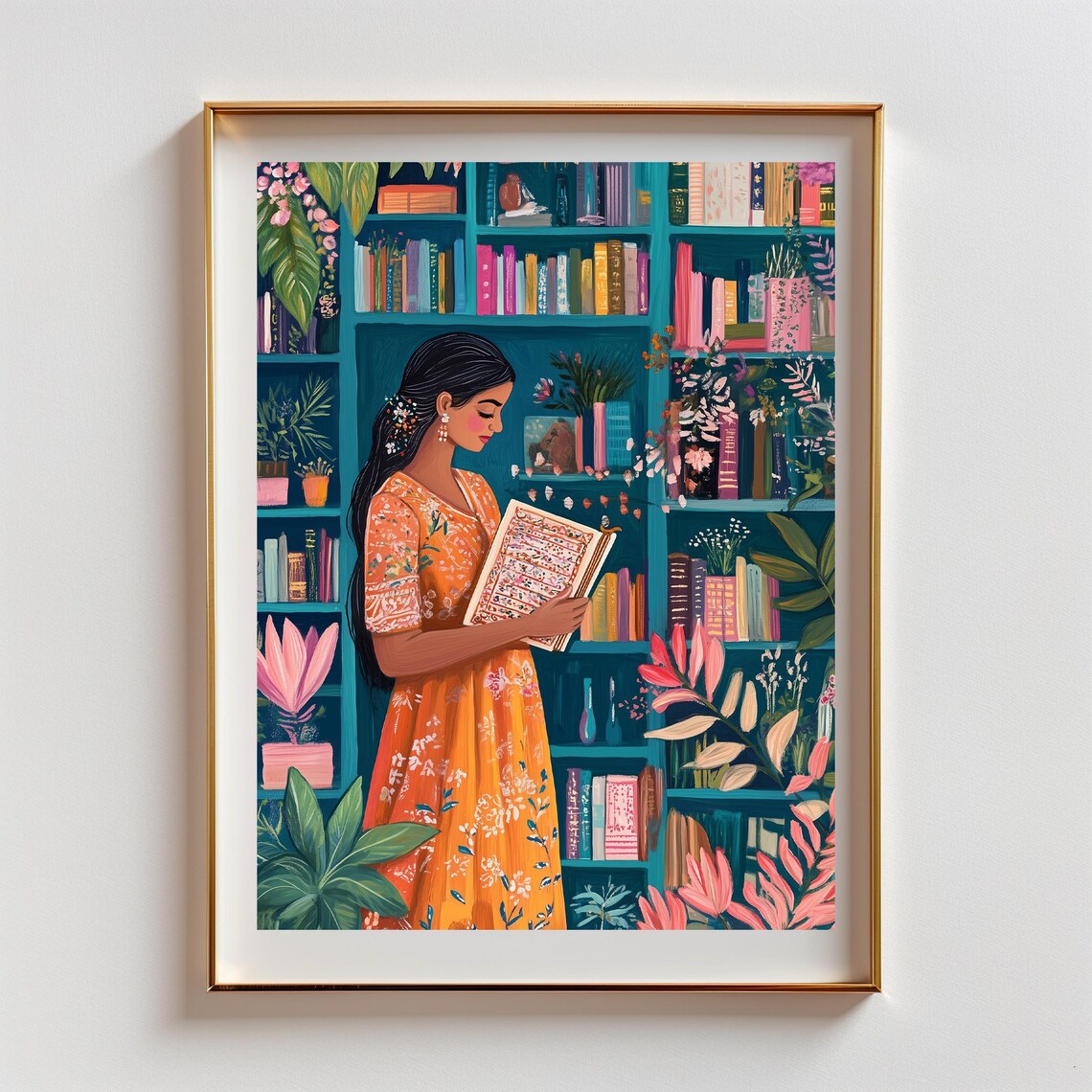 Book Worm Indian Girl Art Print, South Asian Decor