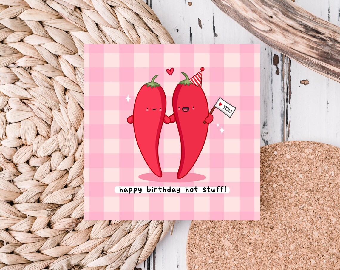 Happy Birthday Hot Stuff Card Funny Pun Birthday Card Punny Love Card Chilli Pun Gingham - Image 5