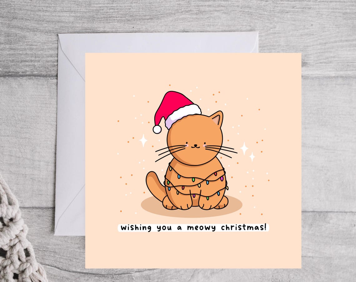 Kawaii Meowy Christmas Ginger Cat Santa Hat Fairy Lights Print - Image 4