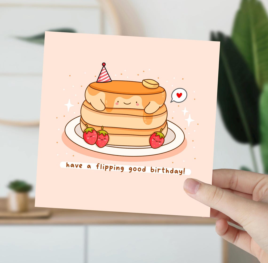 Cute Pancake Stack With Party Hat Flipping Birthday Card Print - Image 5