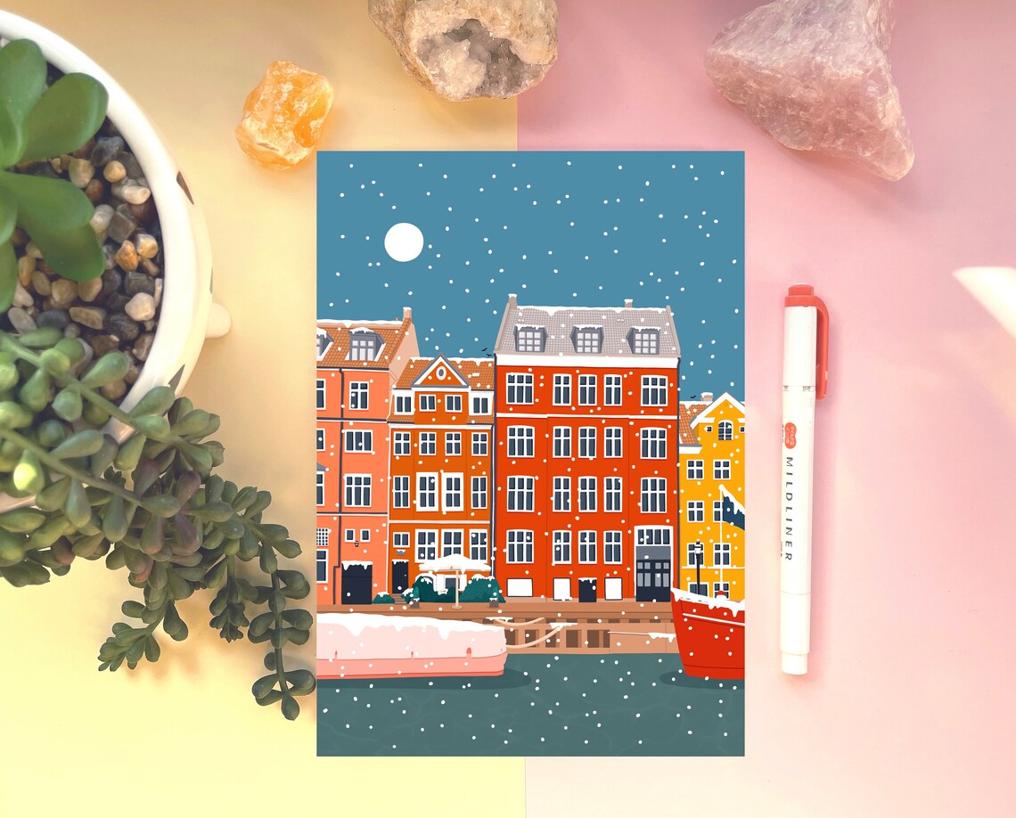 Copenhagen Nyhavn Denmark Snowy Winter Night Harbour Art Print - Image 2