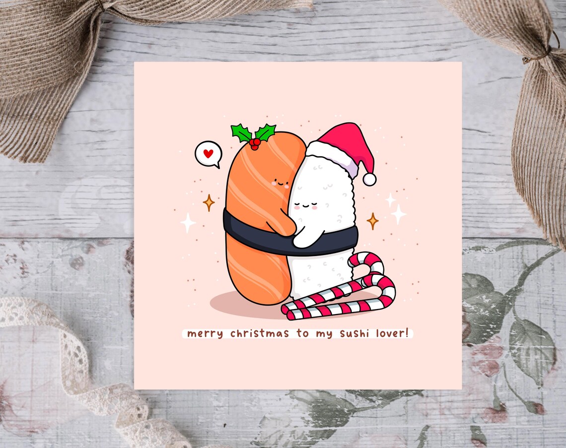 Kawaii Merry Christmas Sushi Lover Hugging Nigiri Pun Art Print - Image 2