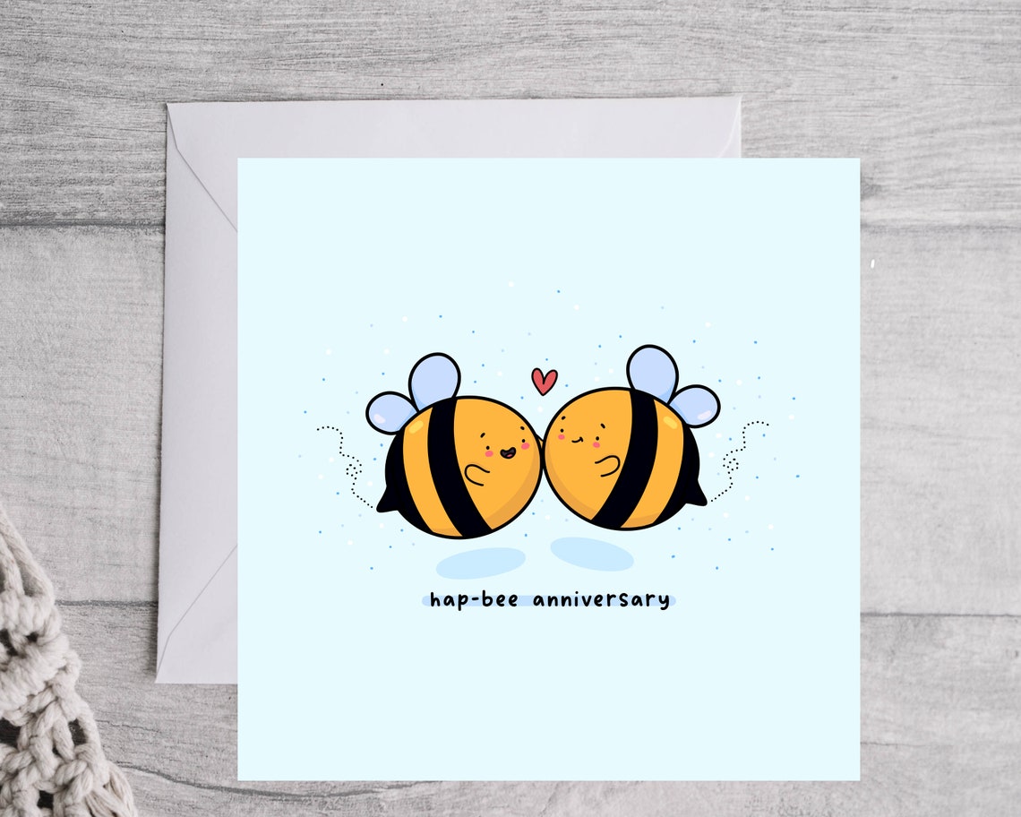 Kissing Bumble Bee Couple Hap-Bee Anniversary Card Kawaii Print - Image 3