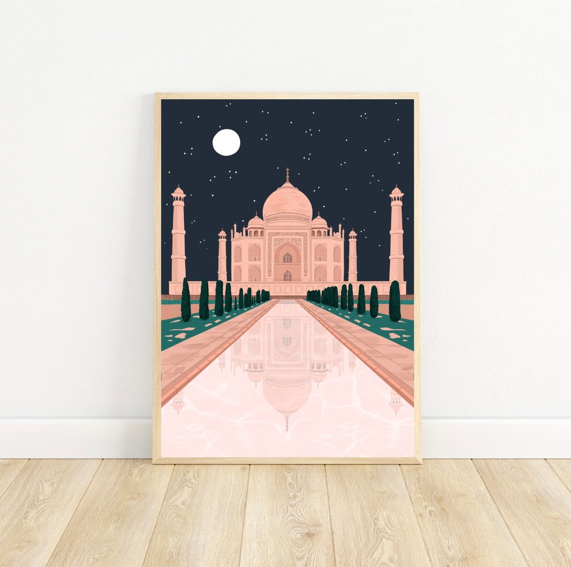 Taj Mahal India Night Moon Starry Sky Reflection Travel Art Print - Image 2
