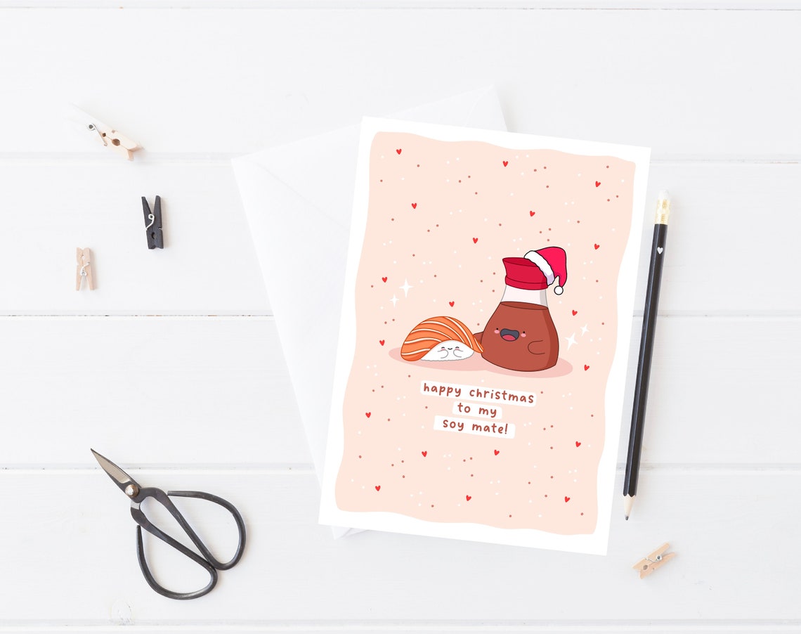 Kawaii Sushi Christmas Pun Poster with Soy Sauce Bottle Santa Hat - Image 5