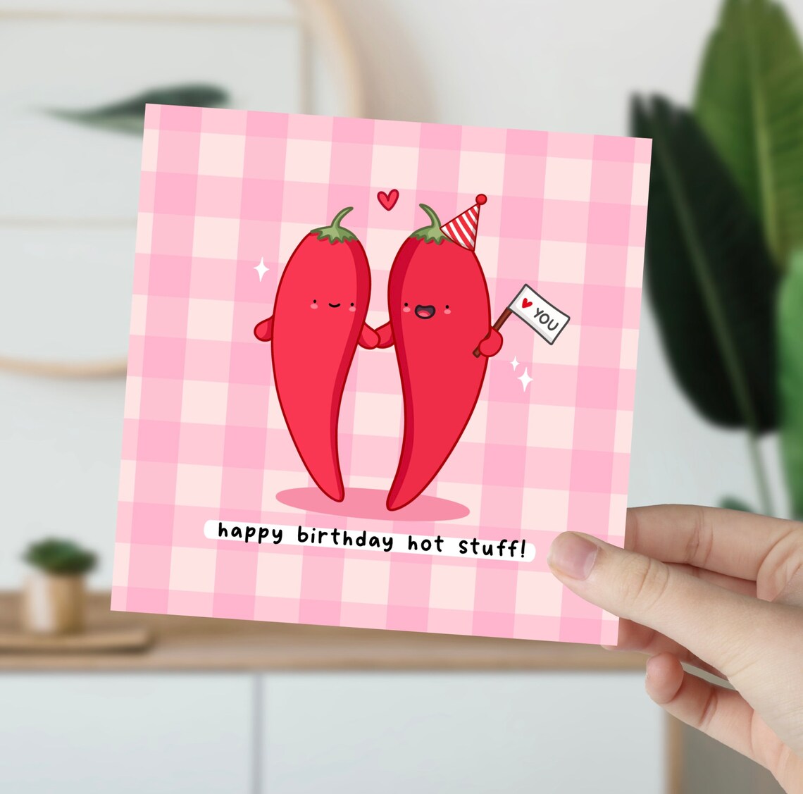 Happy Birthday Hot Stuff Card Funny Pun Birthday Card Punny Love Card Chilli Pun Gingham - Image 6