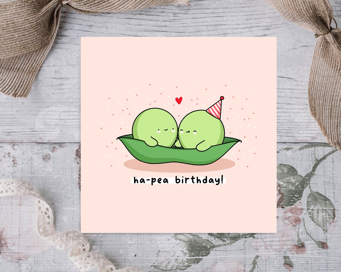 Ha-Pea Birthday Kawaii Peas In A Pod Party Hat Birthday Card Poster - Image 2