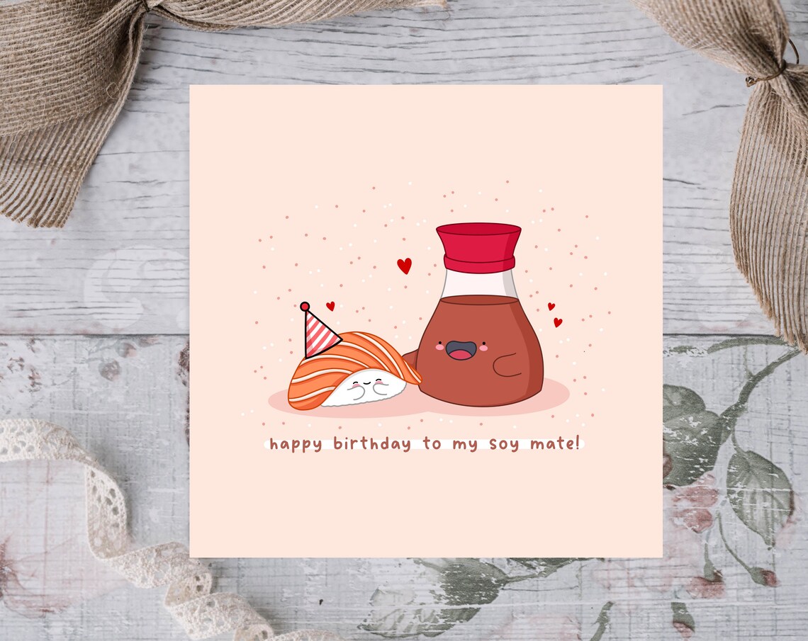 Happy Birthday To My Soy Mate Sushi Card Print On Blush Pink - Image 2