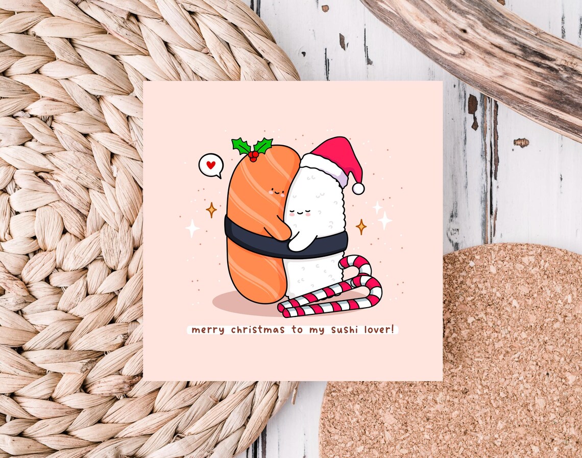 Kawaii Merry Christmas Sushi Lover Hugging Nigiri Pun Art Print - Image 5