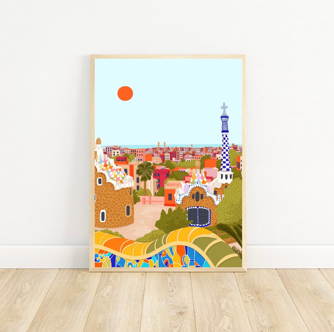 Barcelona Park Guell Gaudi Colourful Cityscape Travel Art Print - Image 3