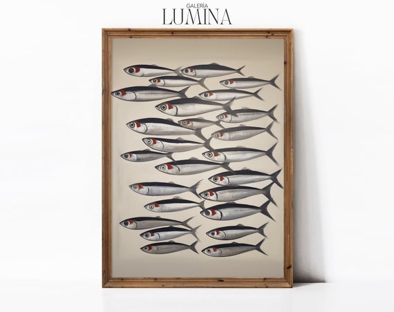 Sardines Flat Oil Painting Minimalist Fish Painting Vintage Animal Print Fish Restaurant Wall Decor Art Frame Tv Art 203