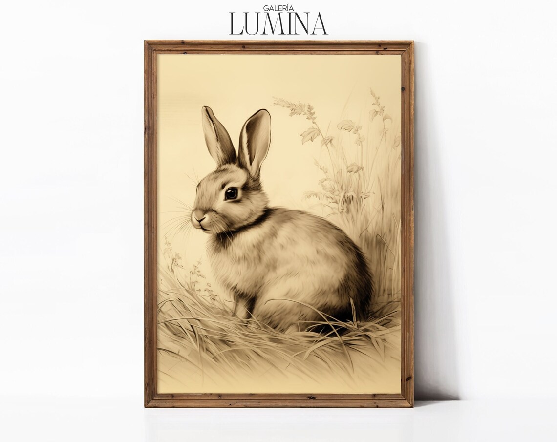 Vintage Rabbit in Grass Sepia Nursery Bunny Illustration Poster