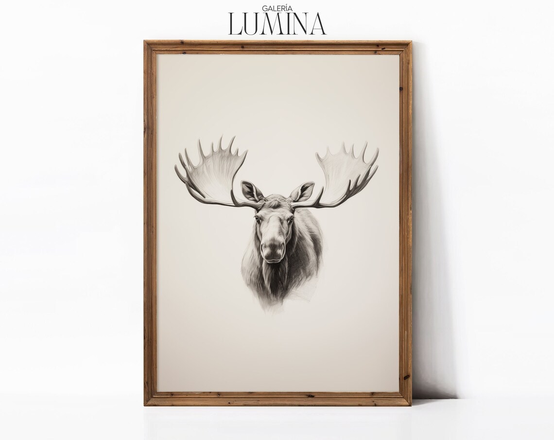 Moose Head Pencil Sketch Antlers Neutral Wildlife Drawing Poster