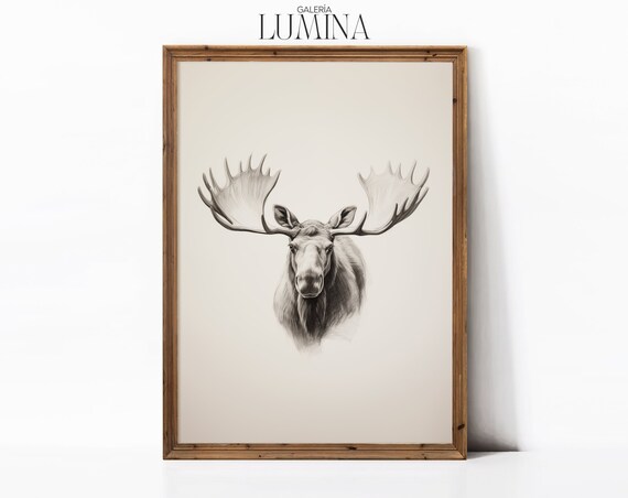 Moose Head Pencil Sketch Antlers Neutral Wildlife Drawing Poster