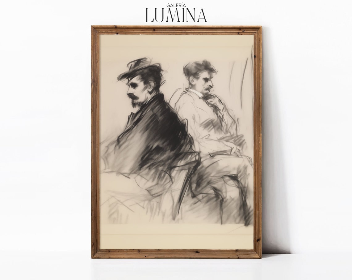 Two Gentlemen Sitting Sketch Artwork Figure Drawing Minimalist And Modern Wall Art Neutral Etching Art Frame Tv Art 013