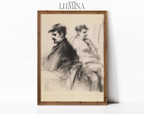 Two Gentlemen Sitting Sketch Artwork Figure Drawing Minimalist And Modern Wall Art Neutral Etching Art Frame Tv Art 013