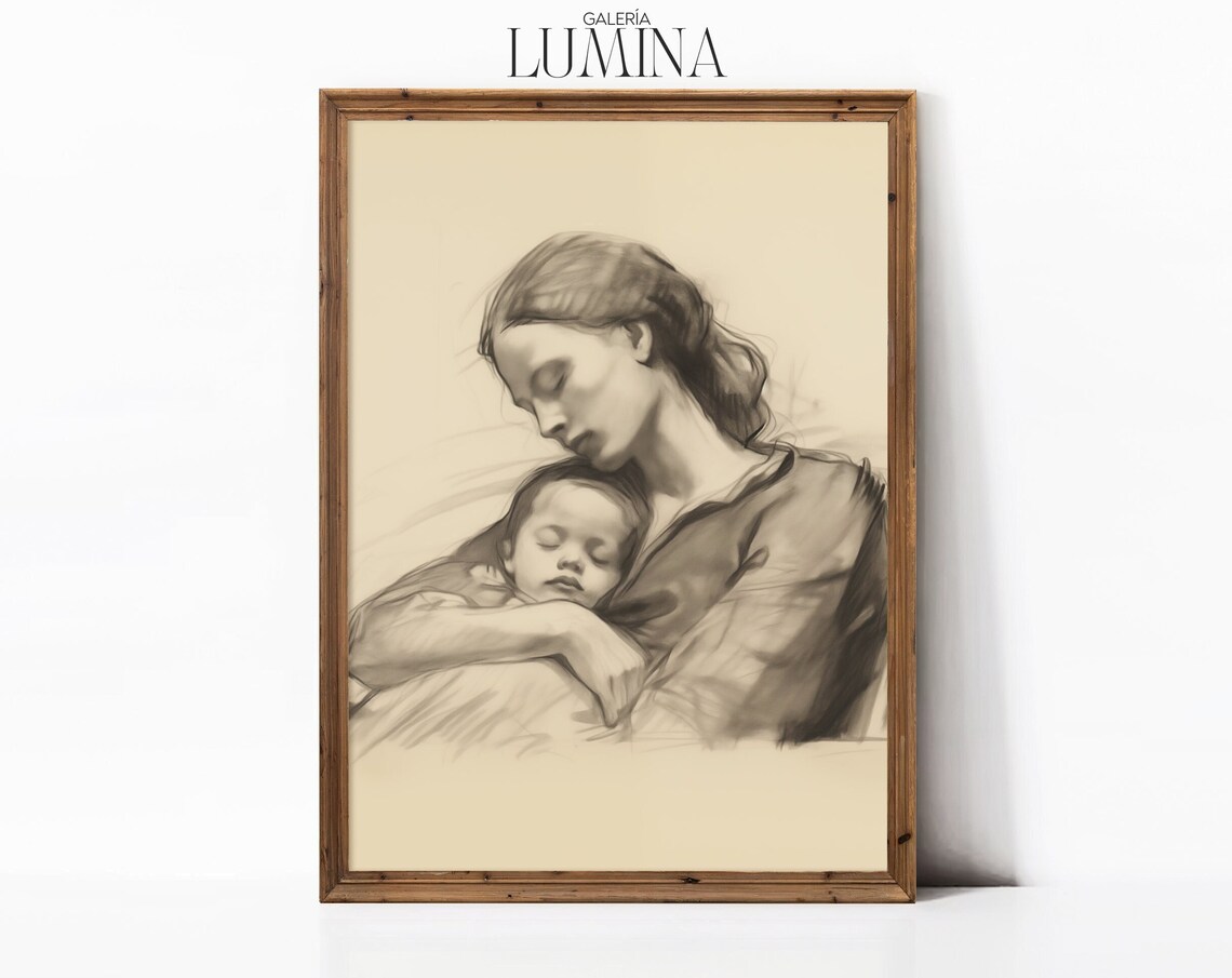 Vintage Mother and Child Line Sketch, Nursery Art Print