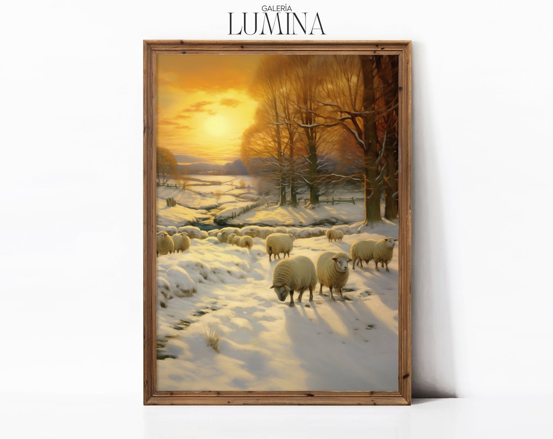 Flock Of Sheep In Snow Original Oil Painting Landscape Nature Artwork Vintage Farmhouse Animal Print Art Frame Tv Art 109