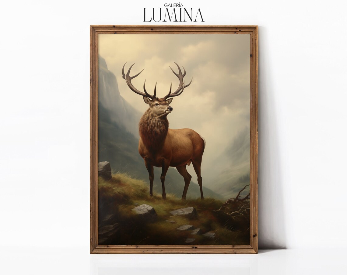 Majestic Red Deer Stag Misty Mountain Highlands Painting Poster - Image 3