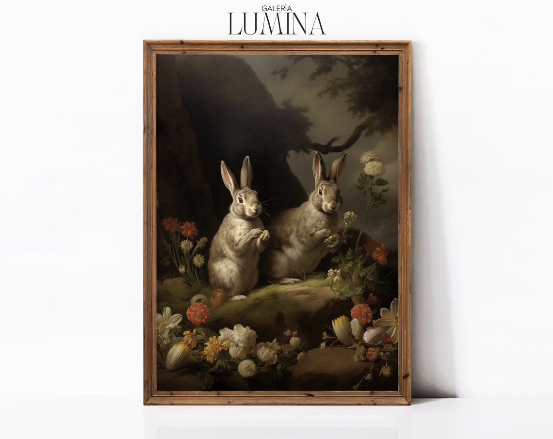 Two Rabbits In A Valley, Vintage Country Art Print