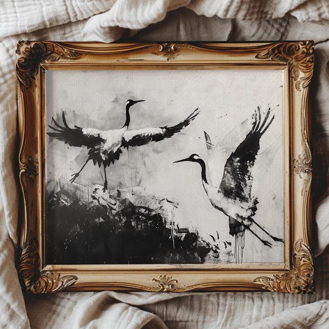 Two Japanese Cranes in Black and White Ink Painting Art Poster