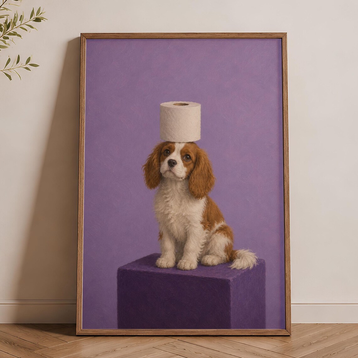 Funny Cavalier Puppy With Toilet Paper Purple Bathroom Poster