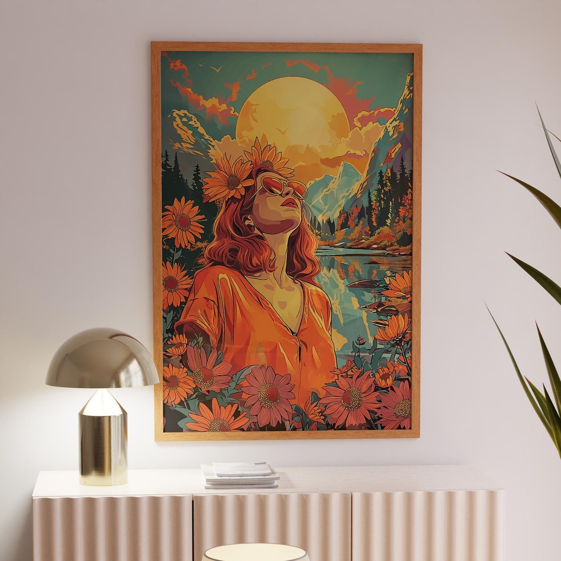 70s Woman Sunglasses Sunflower Crown Mountain Lake Sunset Wall Art