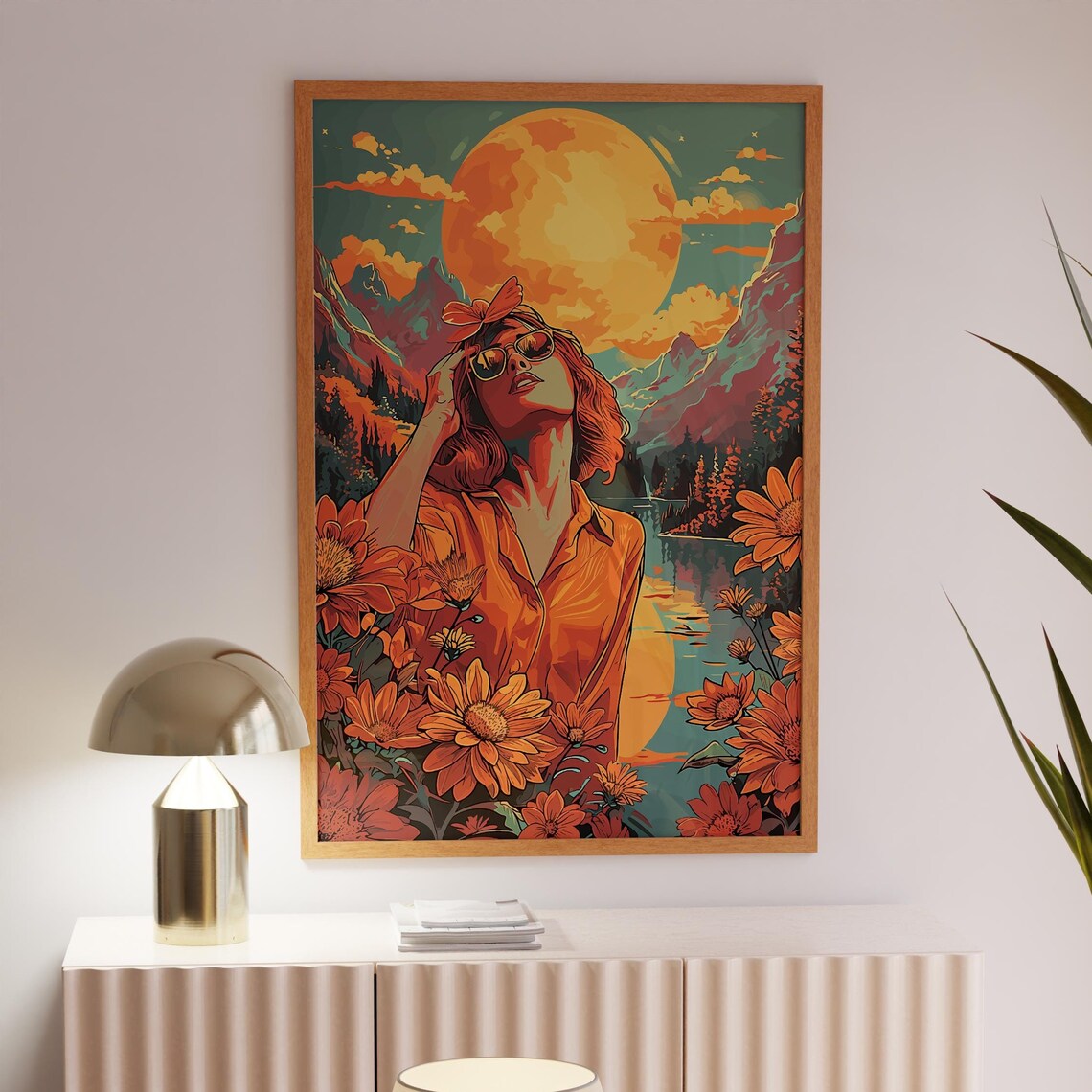 70s Woman Giant Sun Mountain Sunset Retro Hippie Girl Wall Art