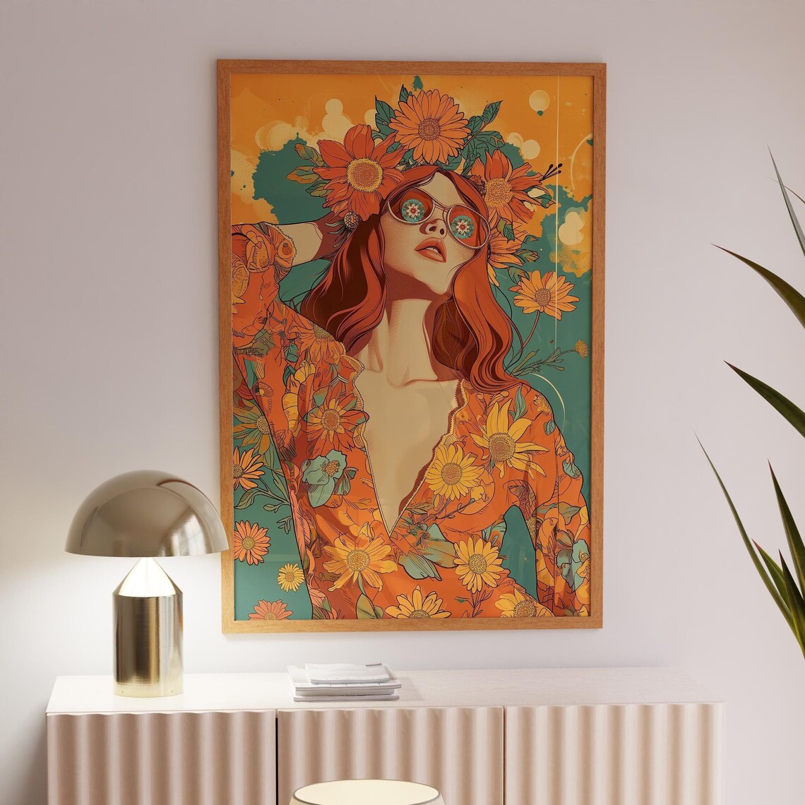 70s Flower Child Daisy Sunglasses Retro Hippie Girl Orange Wall Art