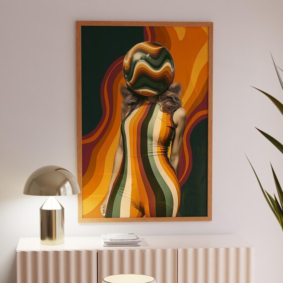 Psychedelic Striped Woman with Swirling Wavy Mirror Head Art Poster