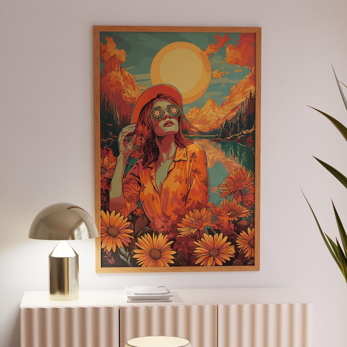 70s Woman Sun Hat Mountain Lake Sunset Retro Hippie Girl Wall Art